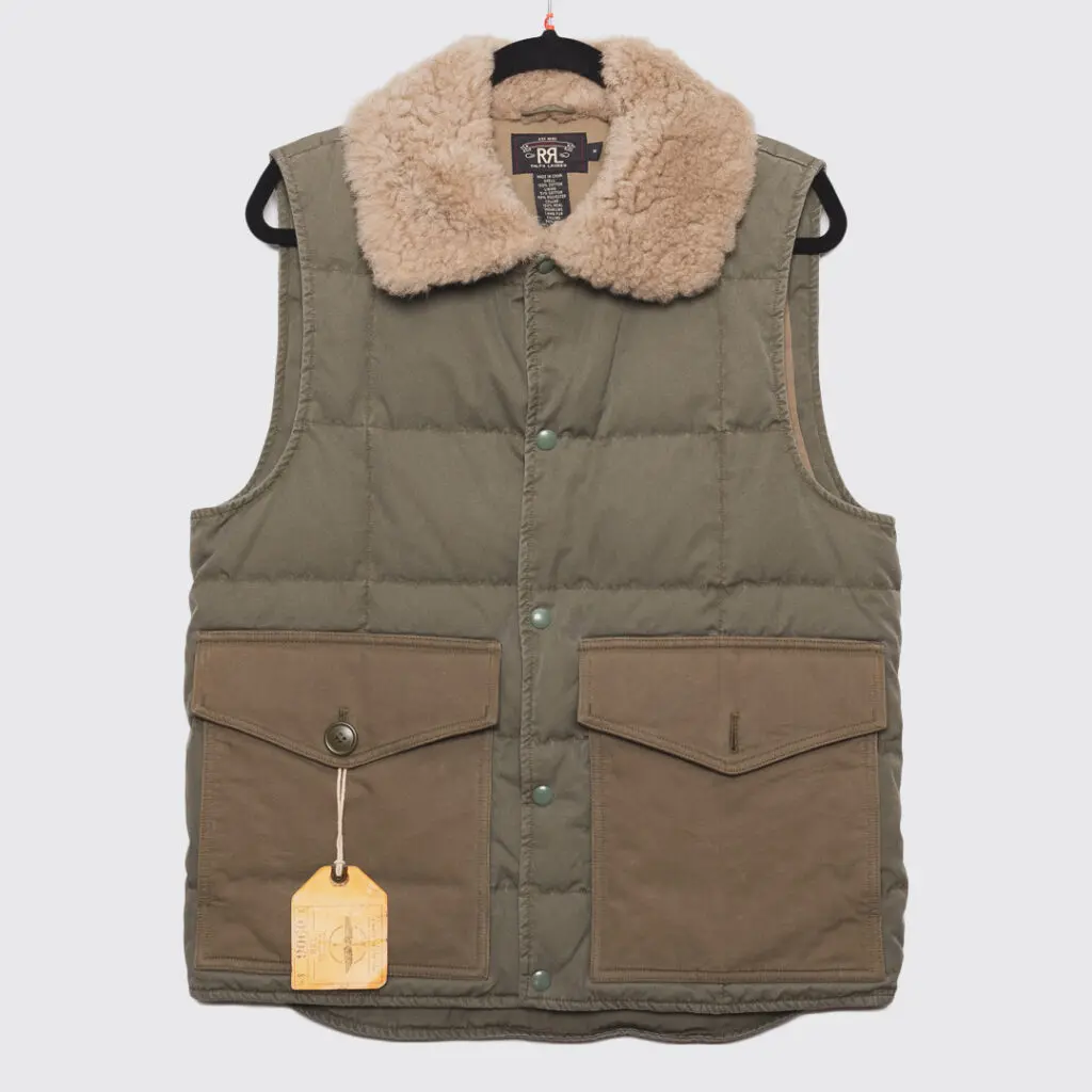 RRL Ralph Lauren Vest Olive Lamb Shearling Fur Collar