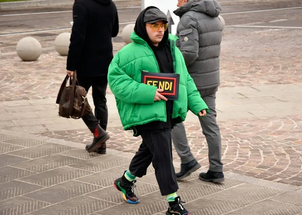 fluorescent green fluro puffer parka, pitti uomo