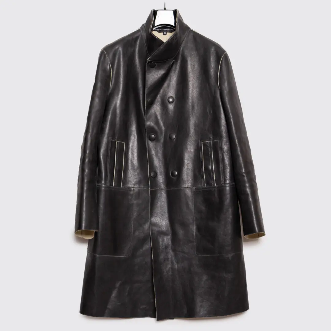 black leather coat, Giorgio Armani brand