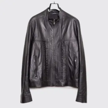 black leather jacket with metal detail, Versace brand