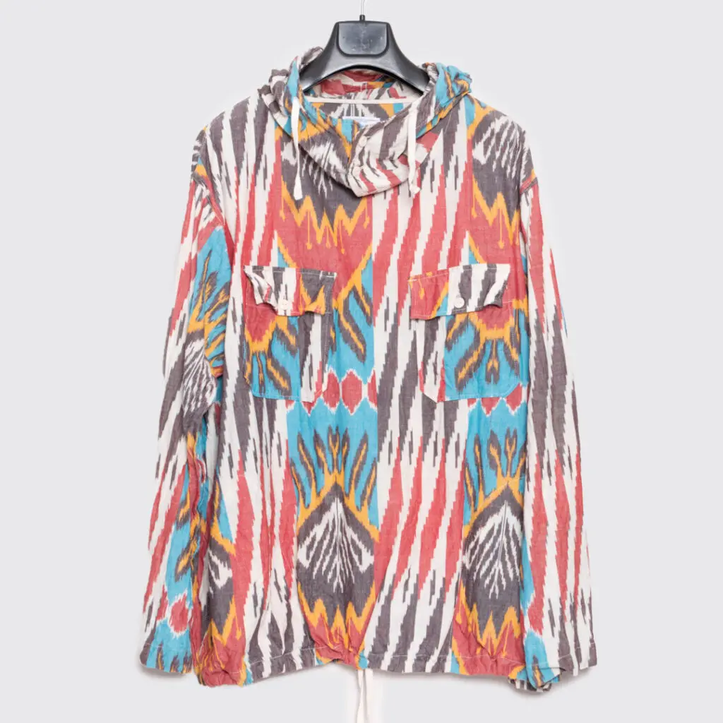 ikat printed anorak by Engineered Garments, colorful pattern hooded garment