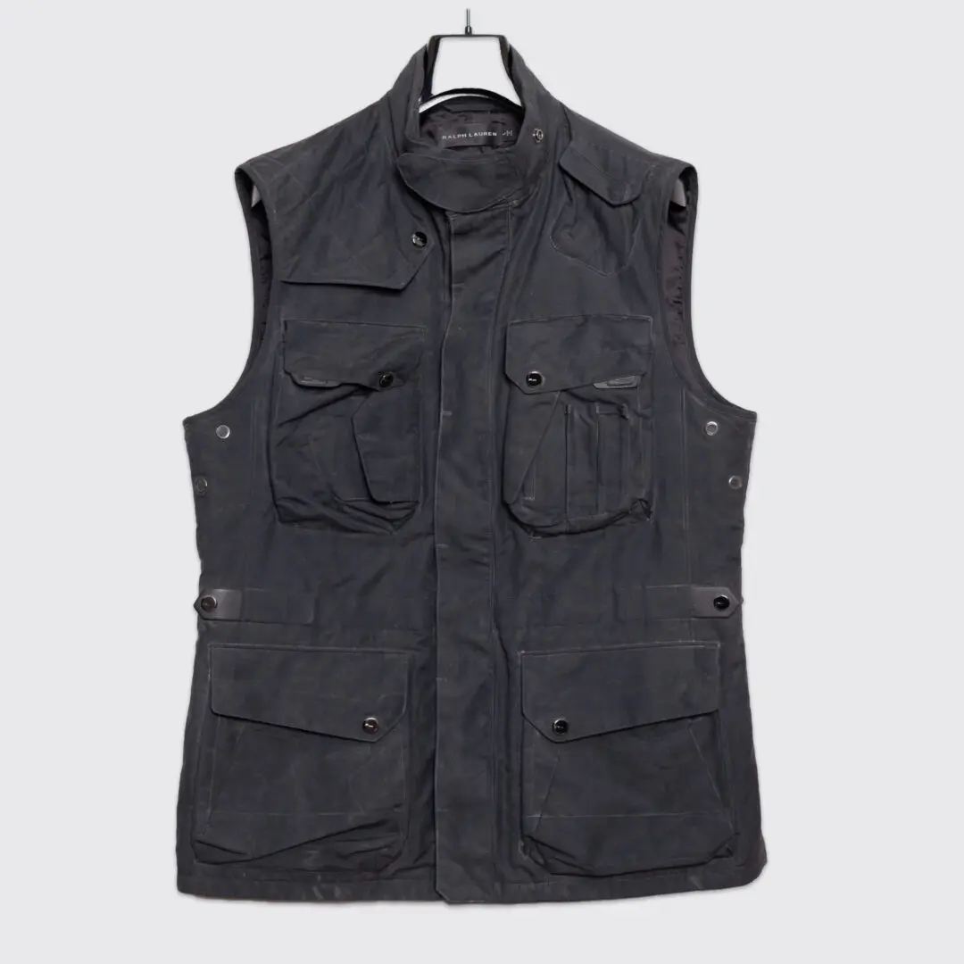 Military style vest in black cotton, on hanger, made by Ralph Lauren