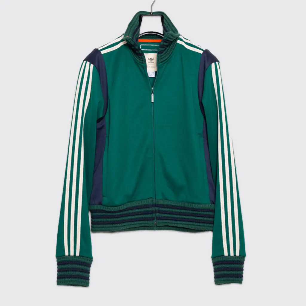 Warmup track jacket by Wales Bonner for adidas, green, front view on hanger