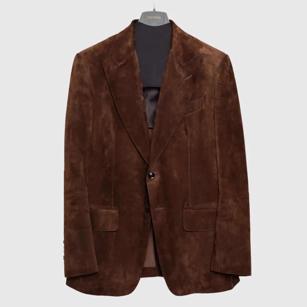 tom ford leather blazer jacket, brown, front view on hanger