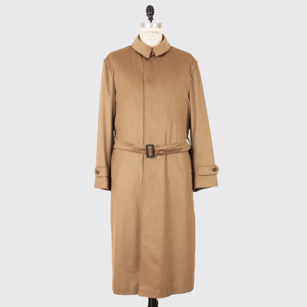 Brioni Coat Size EU56 Beige Cashmere Tan Leather Trim with Belt