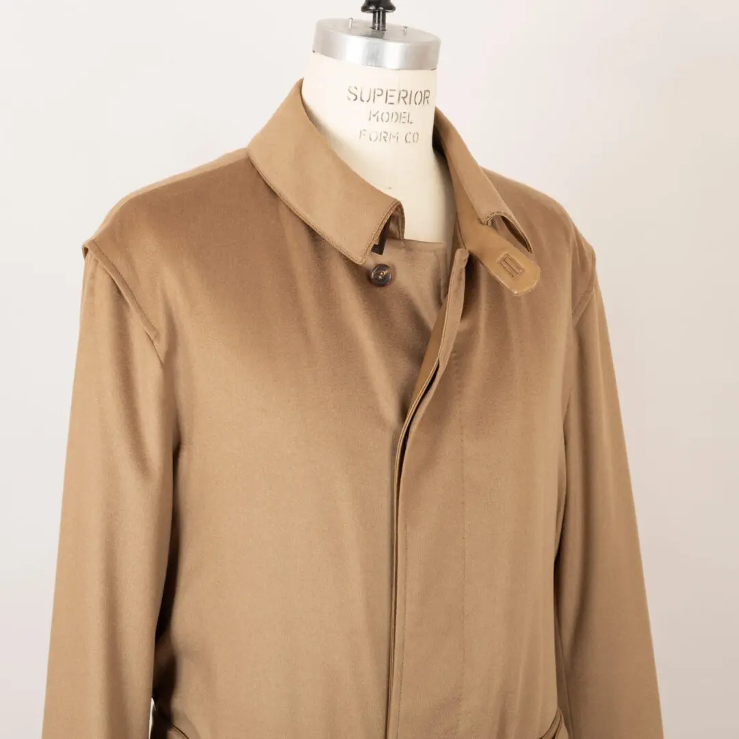 Brioni Cashmere Dress Coat Size EU56 Beige Leather Trim with Belt