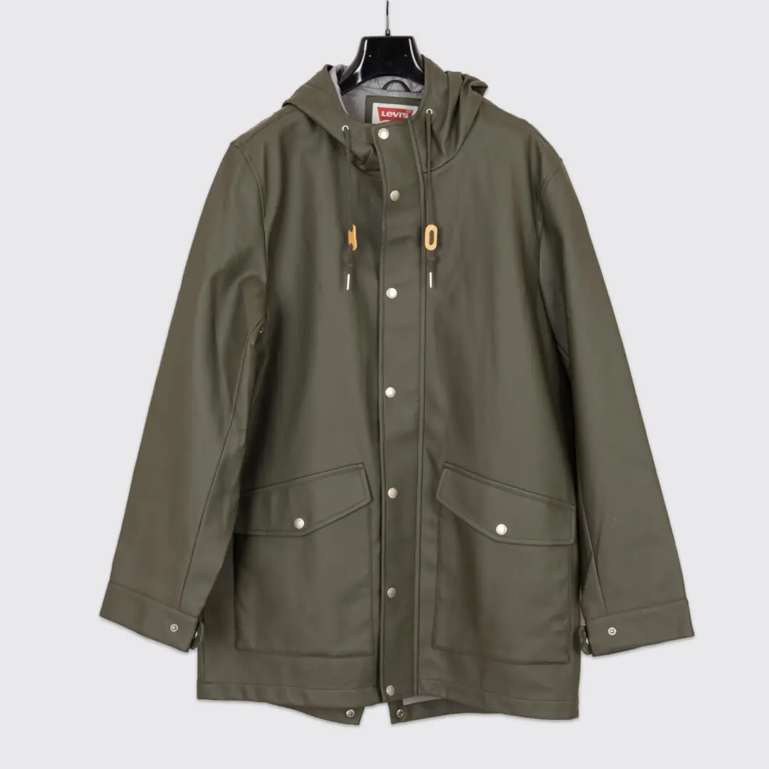 LEVI'S Rubberized Rain Parka XL Men Olive Green Hooded Jacket