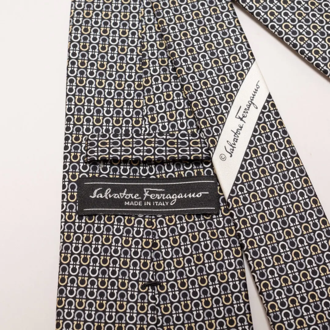 Salvatore Ferragamo Gancini Print Tie Black Grey Beige Silk