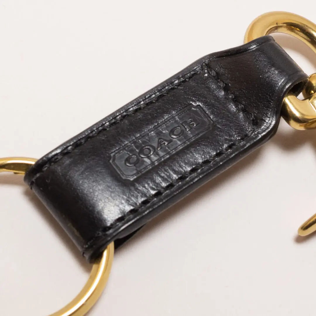 Coach Keychain Black Leather with Gold Tone Clip-On Ring