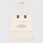 TOD'S Shopping Tote Bag Natural Woven Cotton w/ Brown Leather