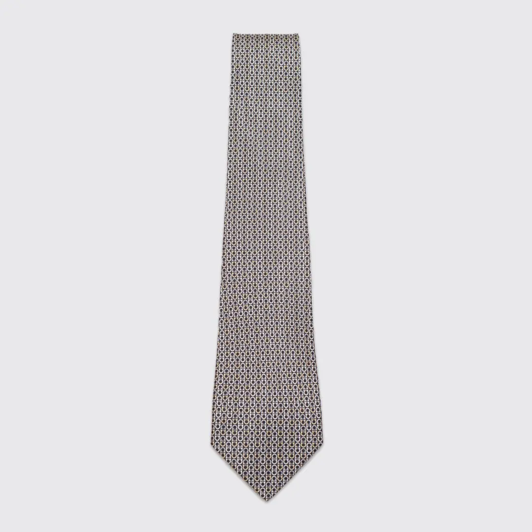 Salvatore Ferragamo Gancini Print Tie Black Grey Beige Silk