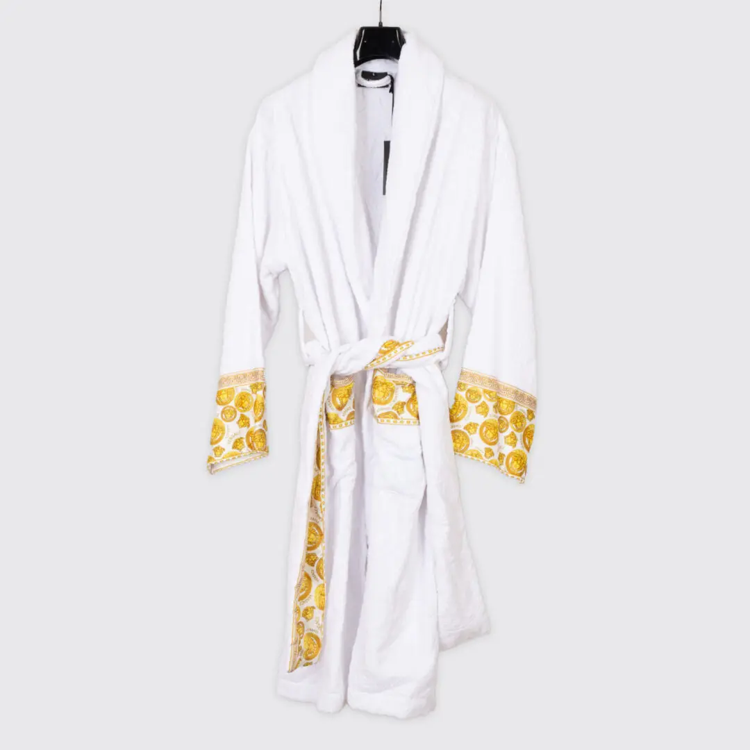 VERSACE Medusa Amplified Bathrobe Unisex L White Gold Terry Cotton