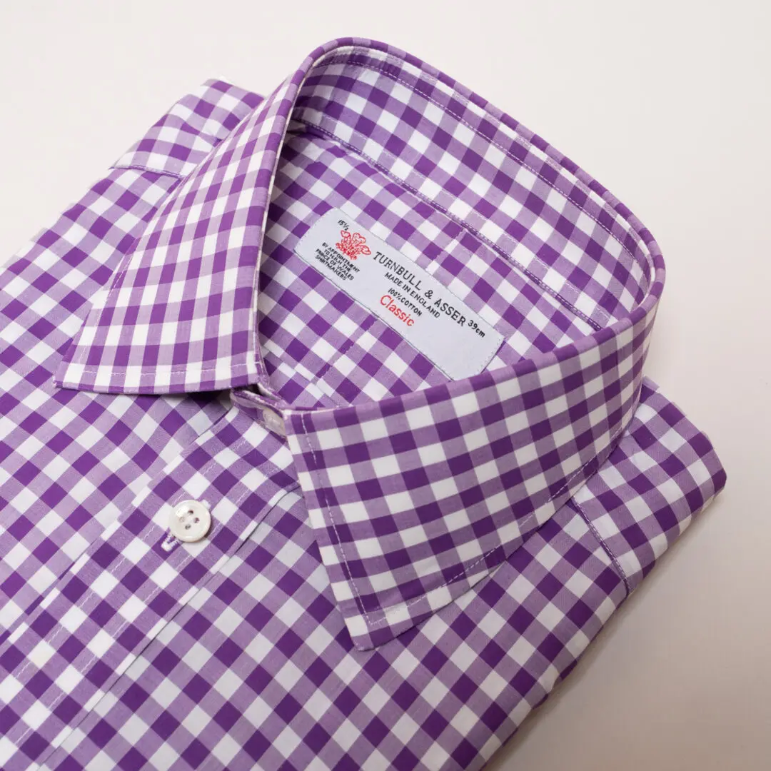 Turnbull & Asser Shirt Size 39cm Eggplant Gingham Check Classic