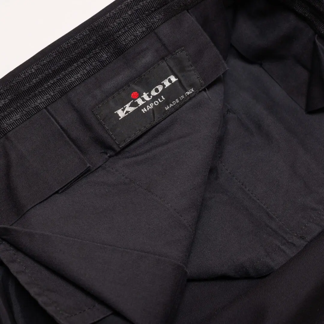 Kiton Napoli Pants Size EU55 Black Wool Flat Front Classic Fit