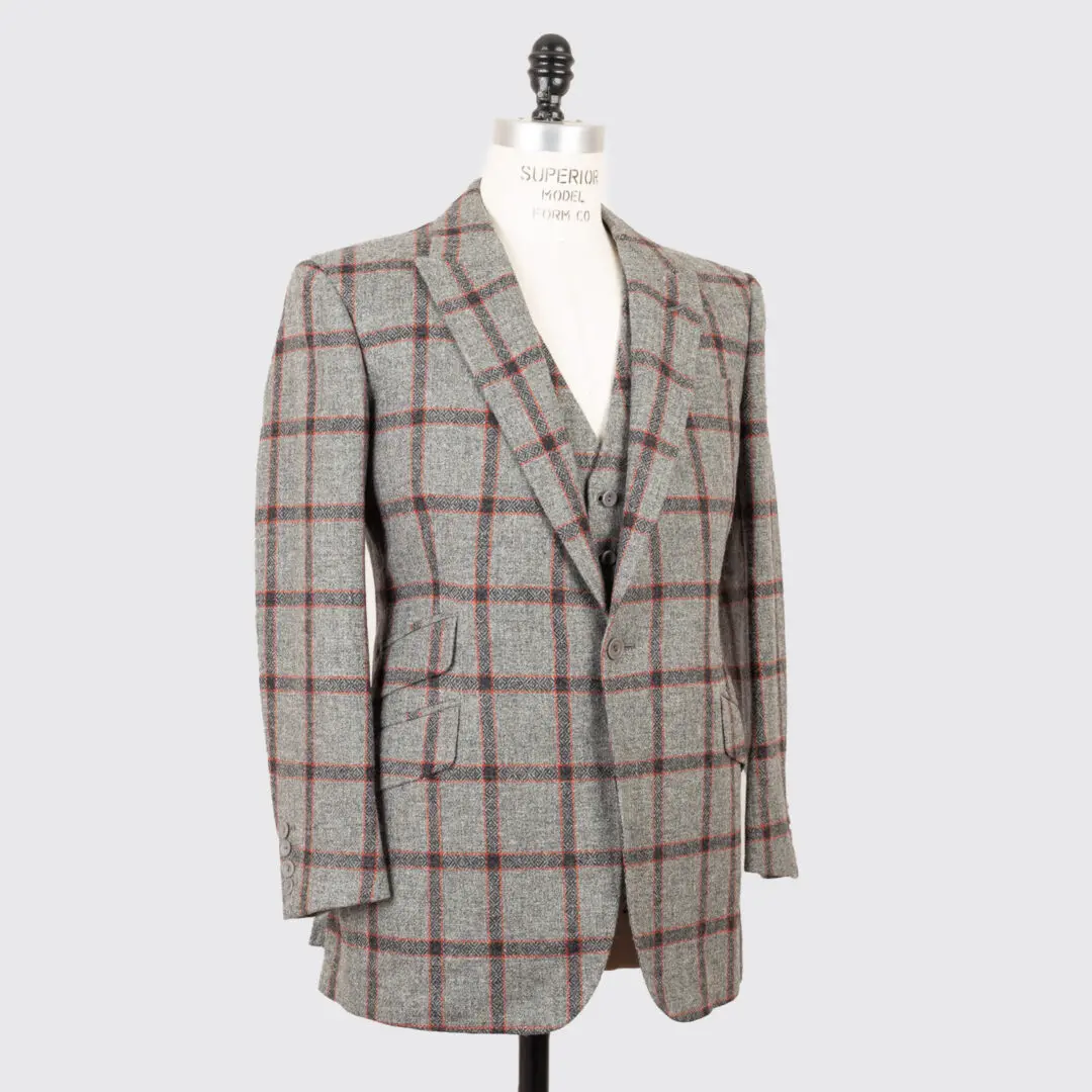 Richard Anderson Bespoke Suit US36 Gray Check 3-Piece Peak Lapel