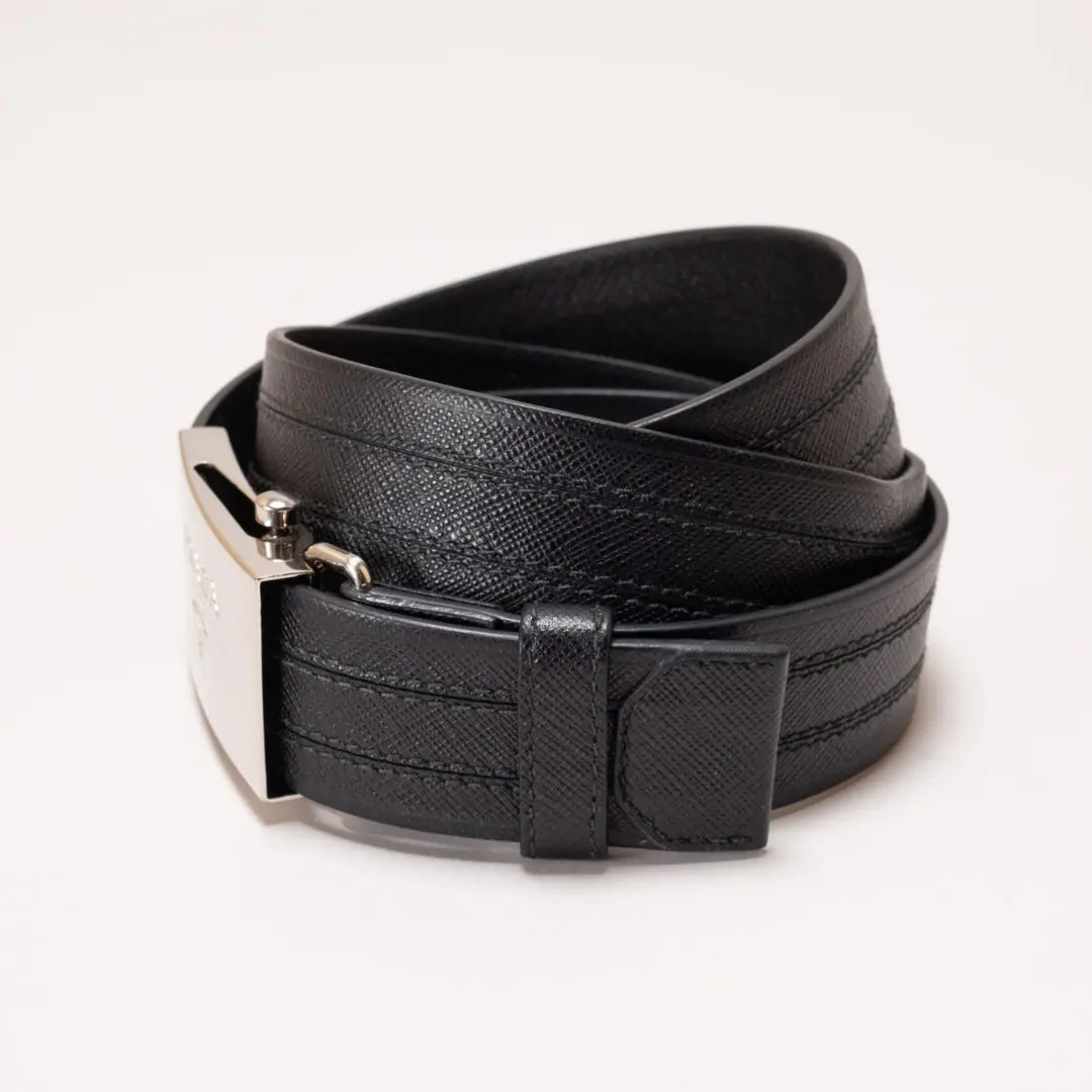 Prada Belt Size W36 Men Black Saffiano Leather with Plaque Buckle