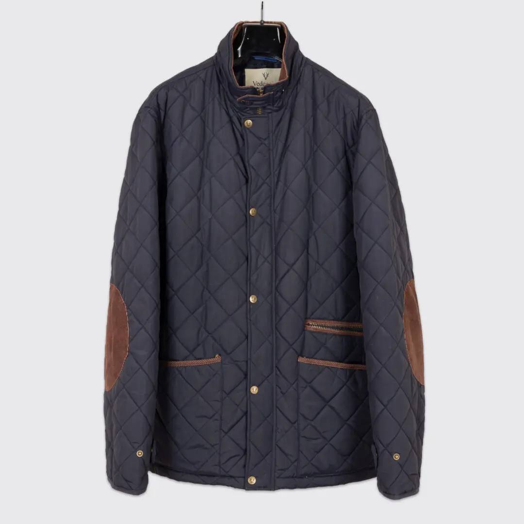 Vedoneire Quilted Jacket Size XL Navy Blue with Brown Corduroy