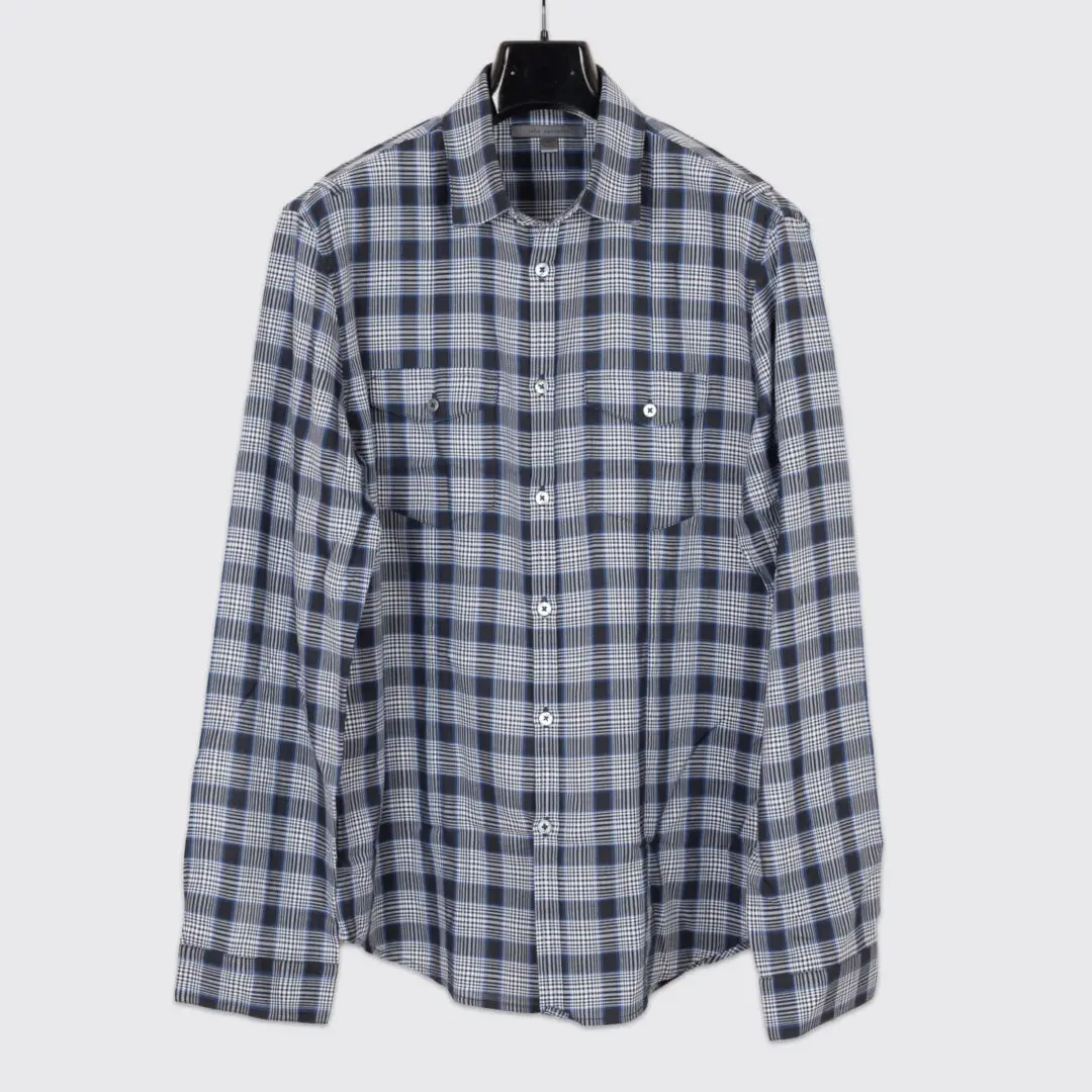 John Varvatos Shirt Size M Blue Black Tartan Plaid Lightweight