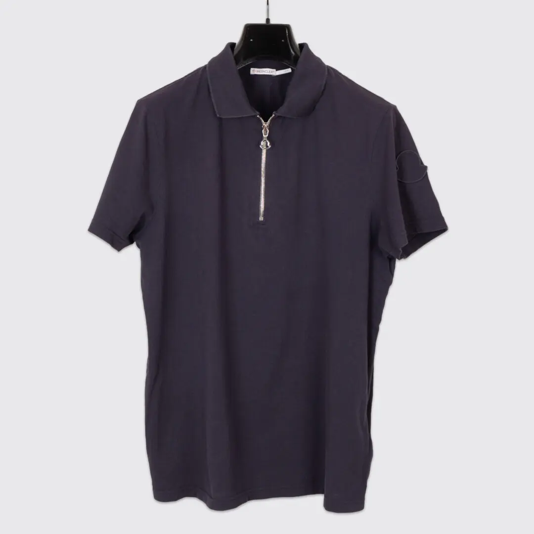 Moncler SS Polo Shirt Size L Navy Blue 1/4 Zip Cotton Pique