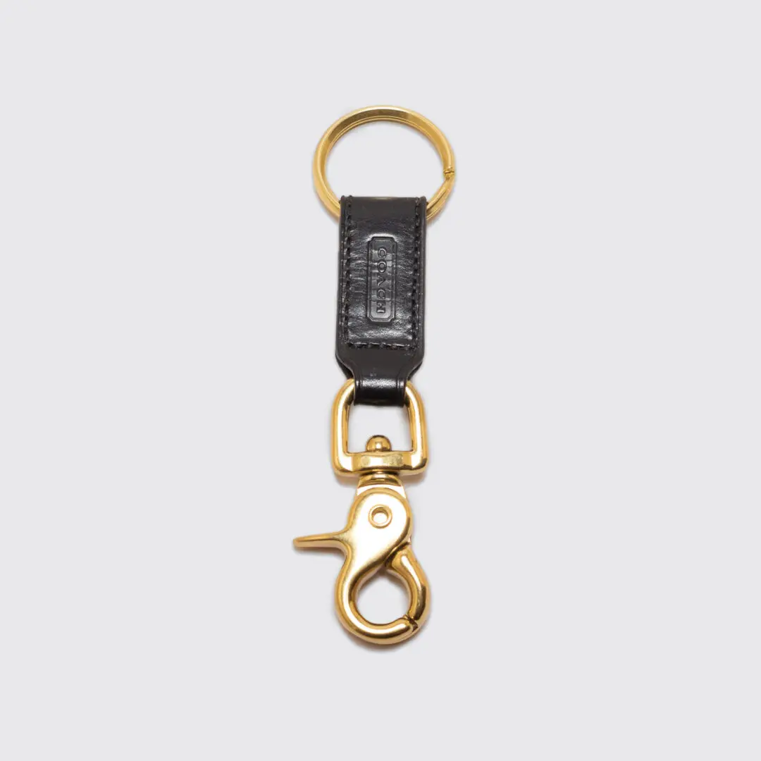 Coach Keychain Black Leather with Gold Tone Clip-On Ring