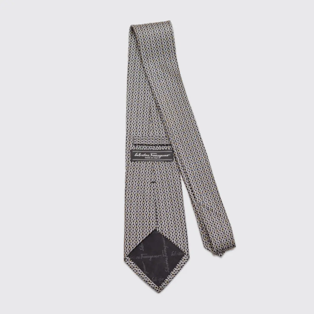 Salvatore Ferragamo Gancini Print Tie Black Grey Beige Silk