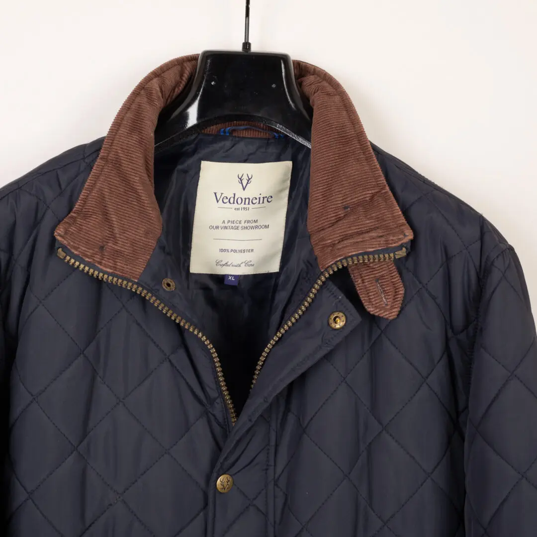 Vedoneire Quilted Jacket Size XL Navy Blue with Brown Corduroy