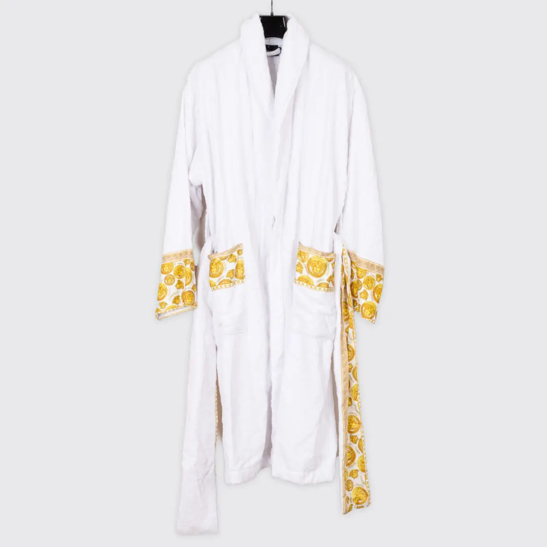 VERSACE Medusa Amplified Bathrobe Unisex L White Gold Terry Cotton