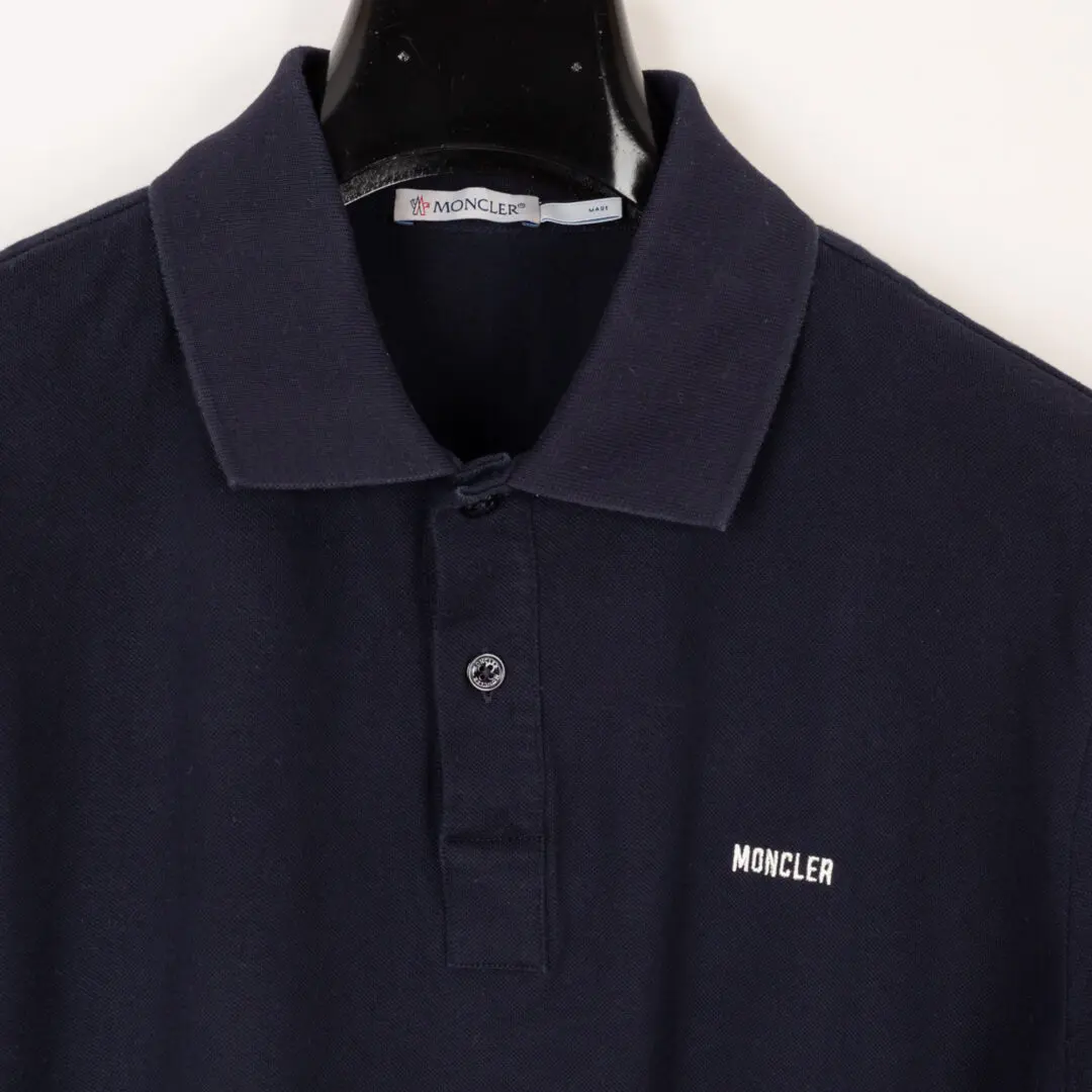 Moncler SS Polo Size L Men Solid Navy Blue Stretch Cotton Pique