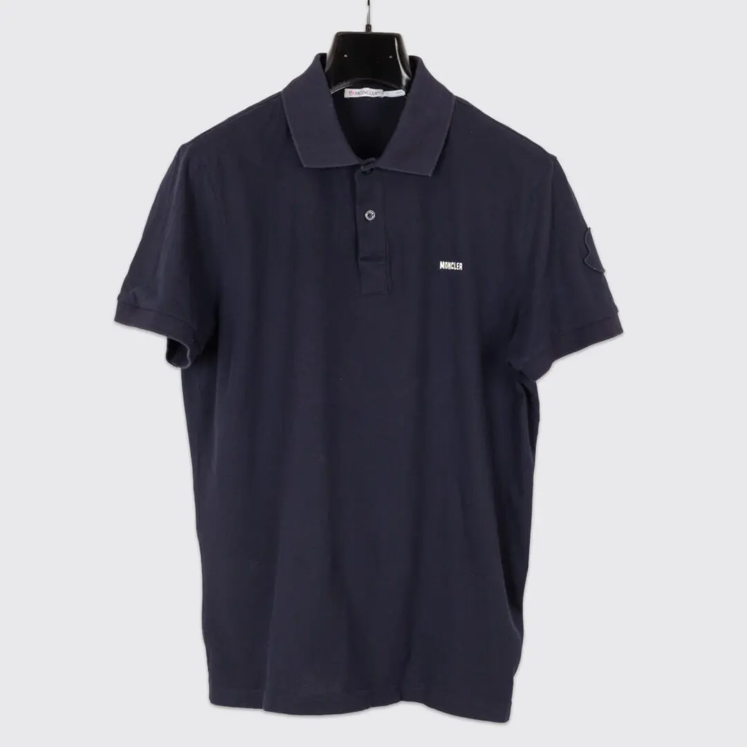 Moncler SS Polo Size L Men Solid Navy Blue Stretch Cotton Pique