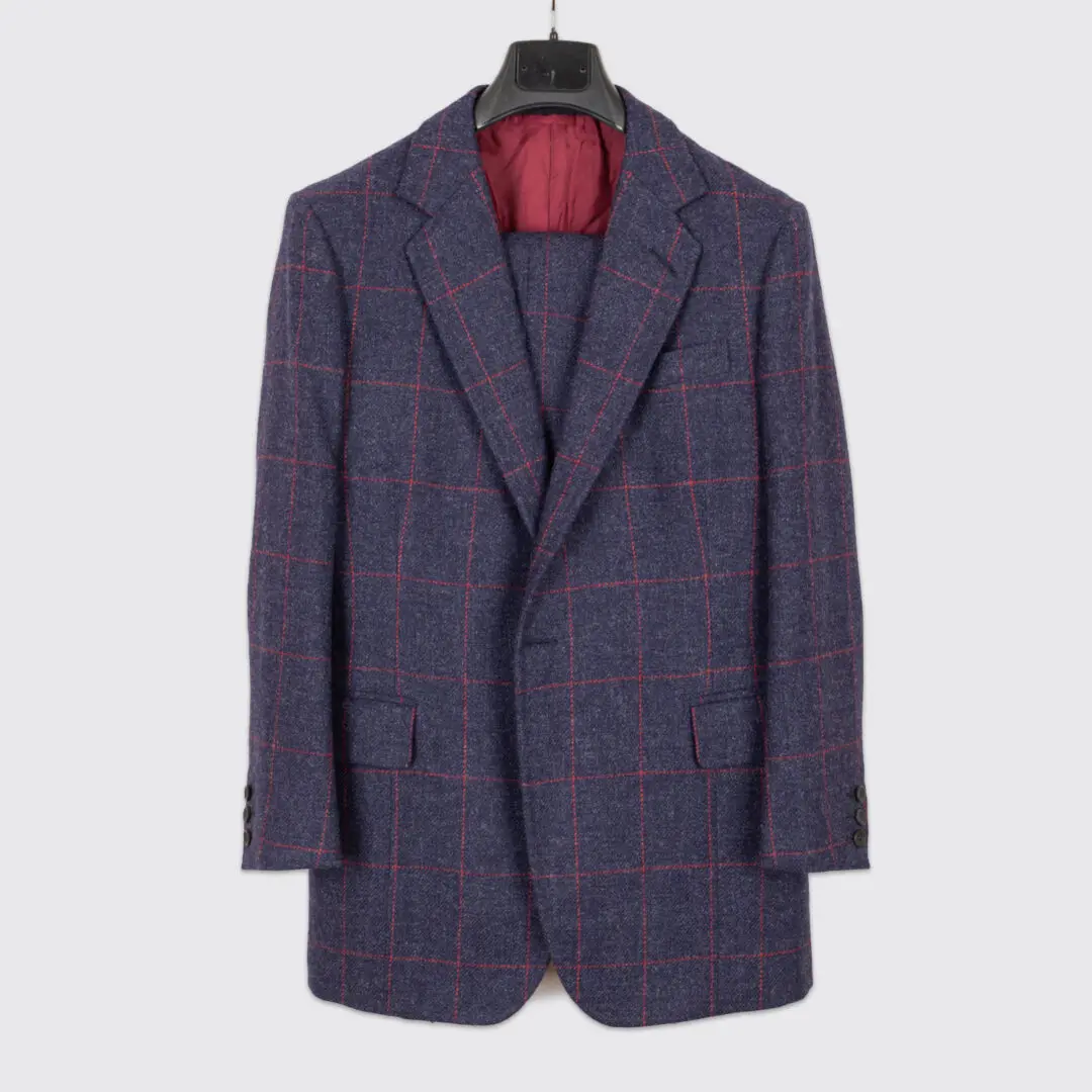 Richard Anderson Bespoke Suit US36 Blue Red Check Winter Wool