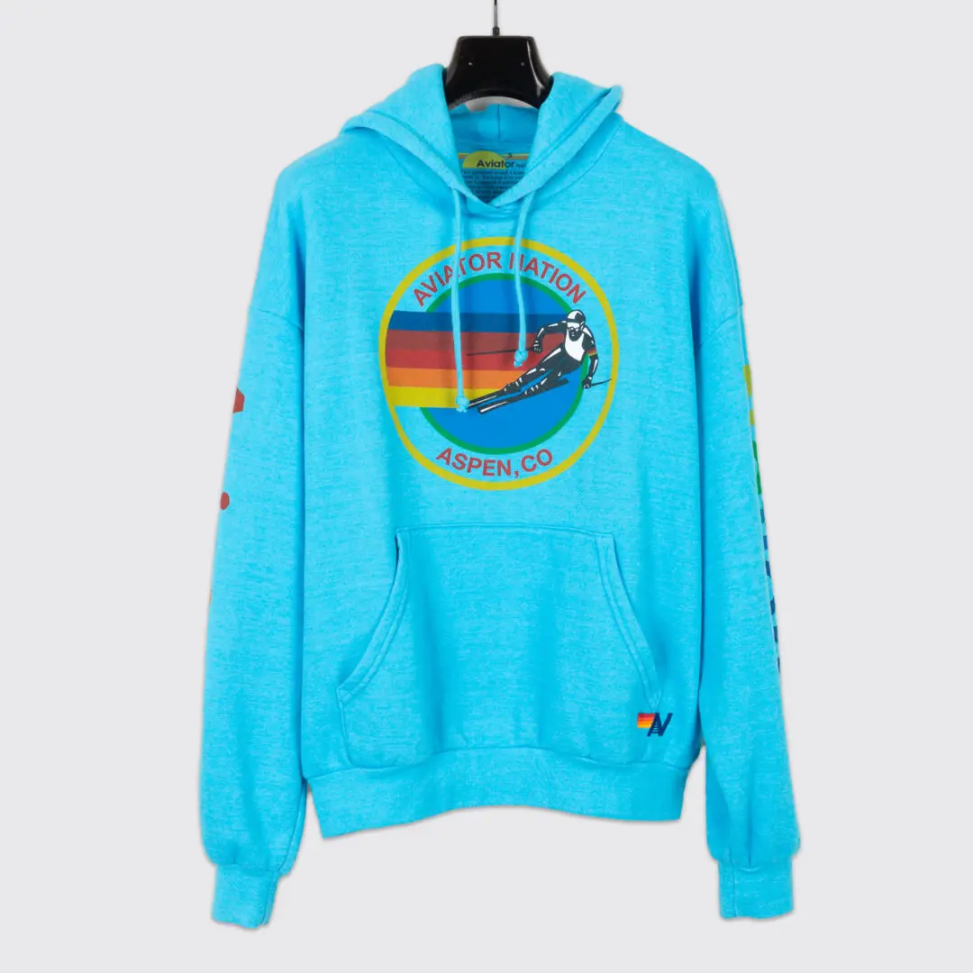 Aviator Nation Aspen Relaxed Hoodie Size S Neon Blue Ski Graphic