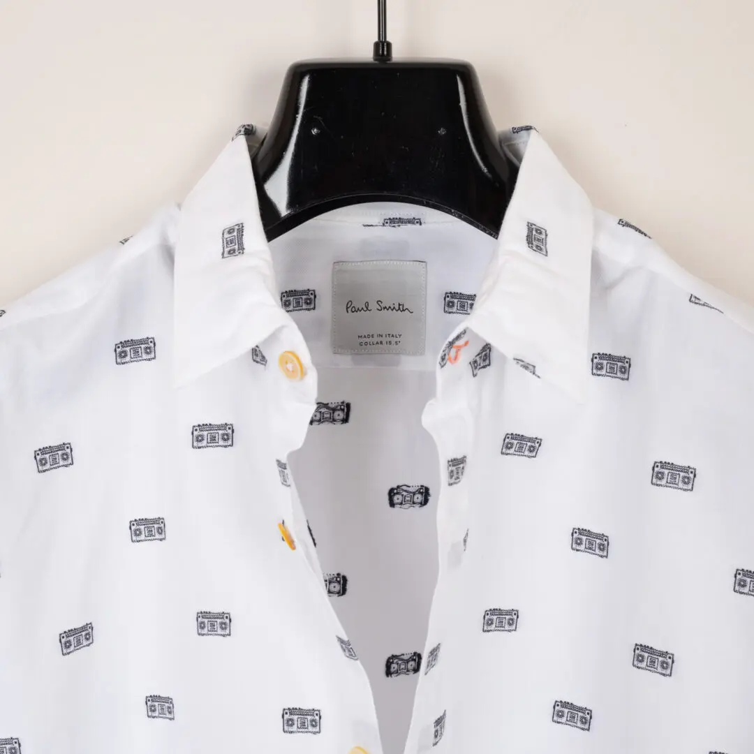 Paul Smith Boombox Printed Sport Shirt Size 15.5" White Cotton