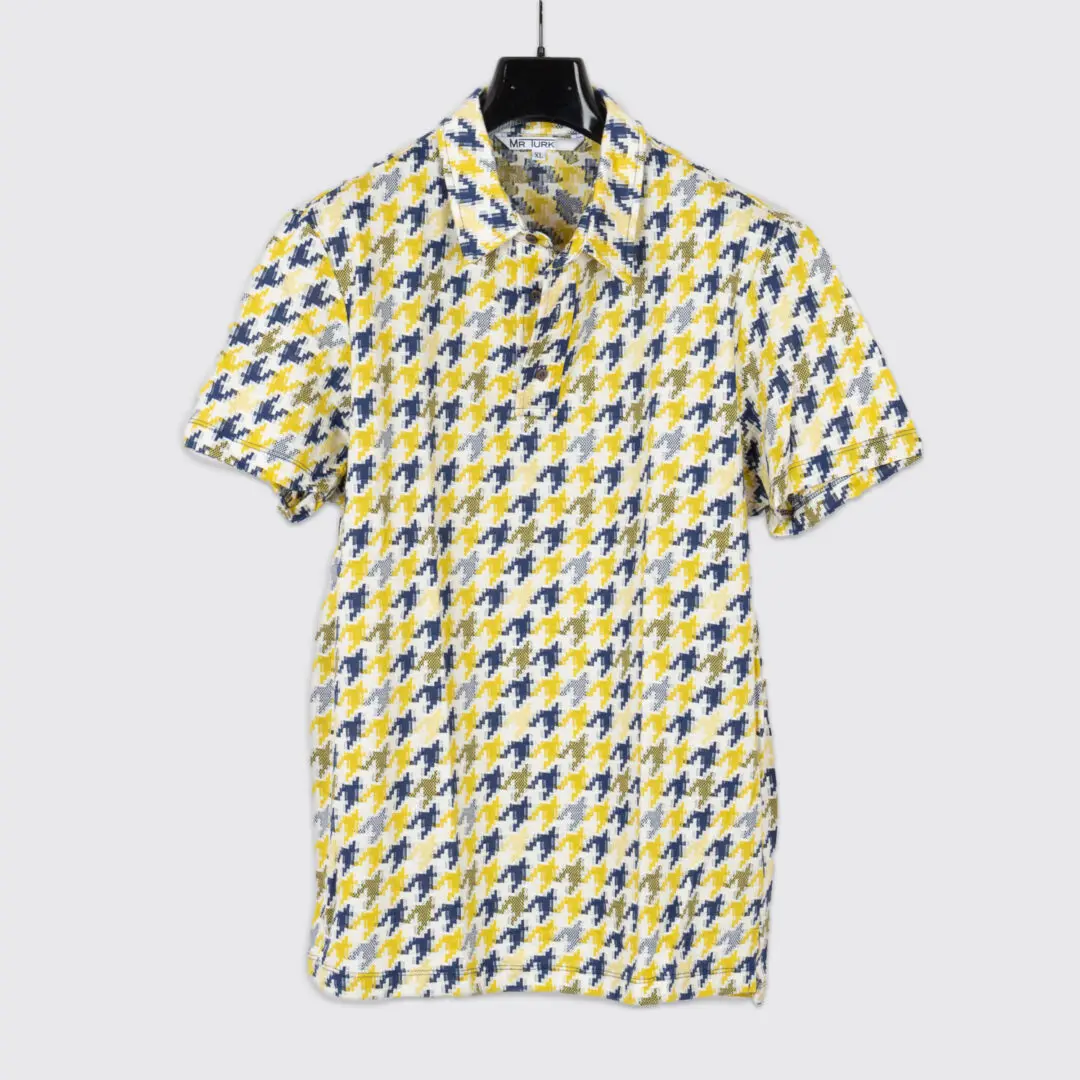 Mr. Turk Printed Knit Polo Size XL Blue Yellow Cotton Houndstooth