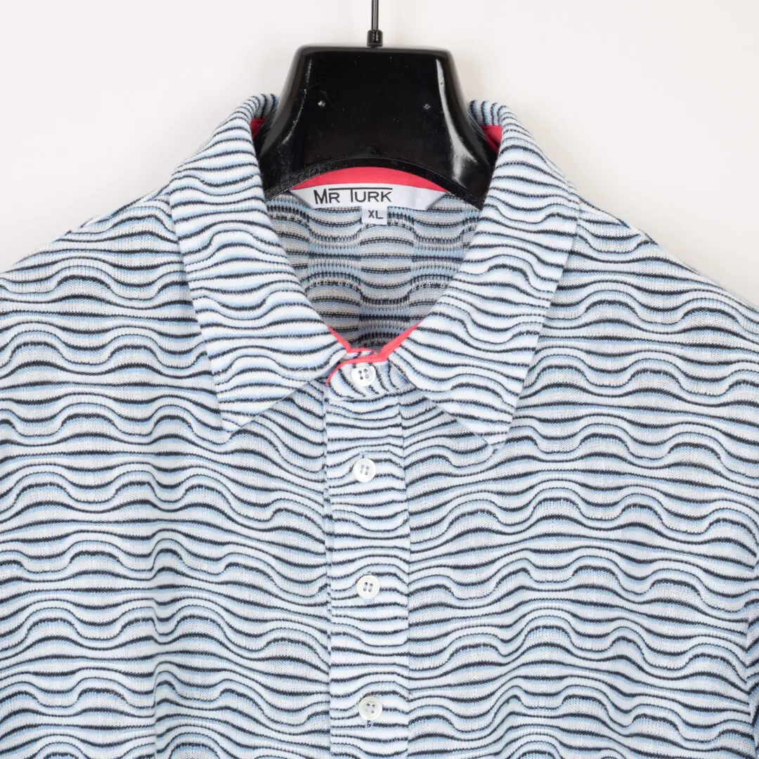 Mr. Turk Knit Polo Shirt XL Wavy Stripe Blue White Made in USA