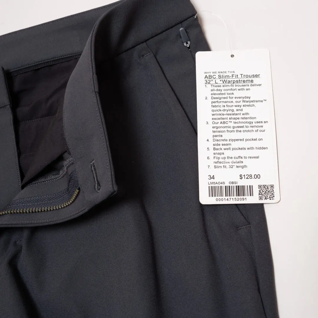 Lululemon ABC Slim Fit Trouser W34 Men Obsidian Warpstreme Pants