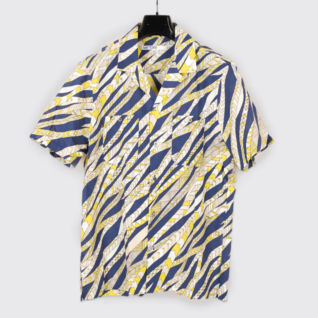 Mr. Turk Party Shirt XL Printed Navy Yellow Poplin Camp Collar