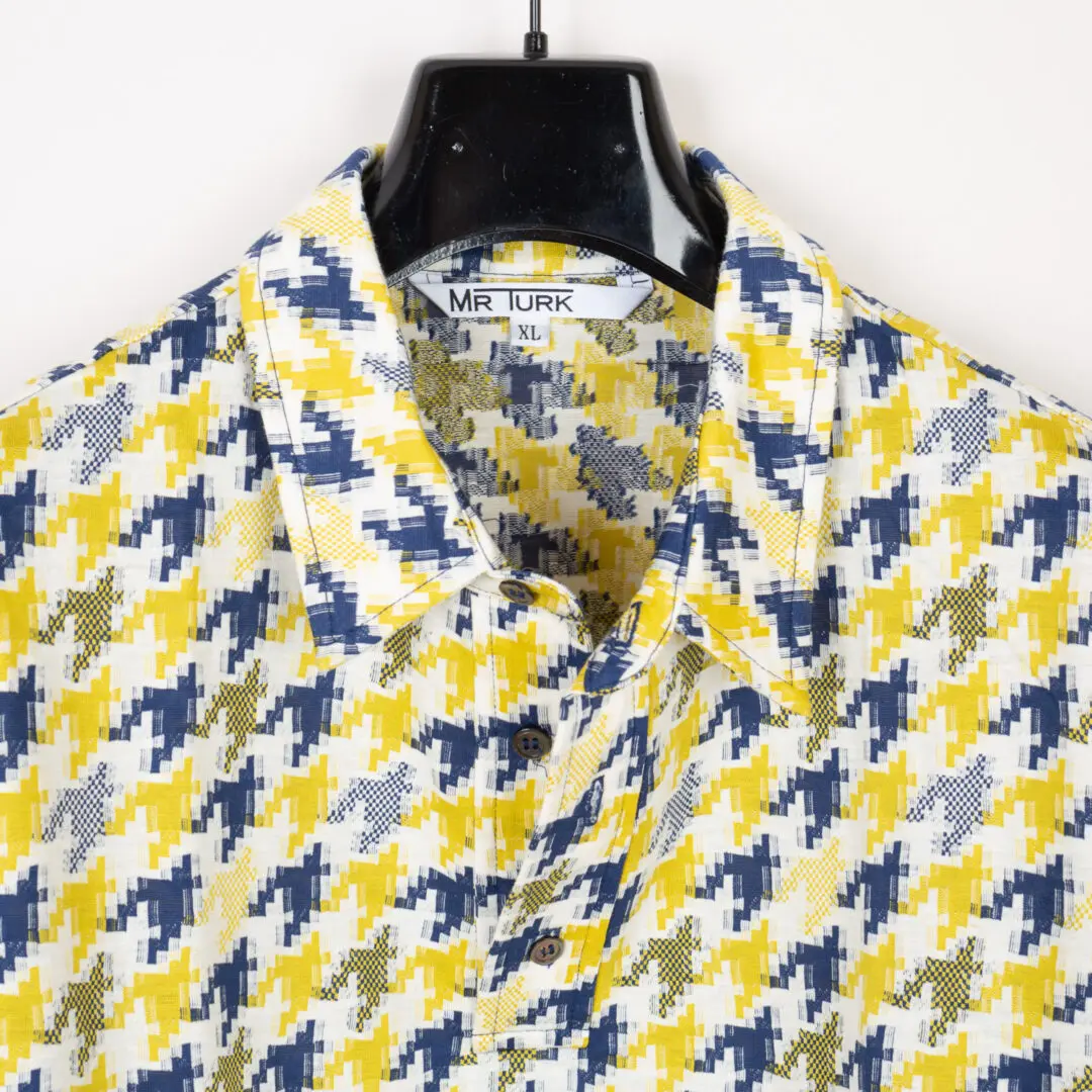 Mr. Turk Printed Knit Polo Size XL Blue Yellow Cotton Houndstooth