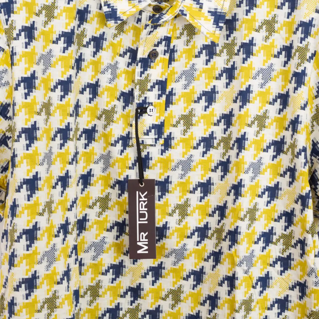 Mr. Turk Printed Knit Polo Size XL Blue Yellow Cotton Houndstooth