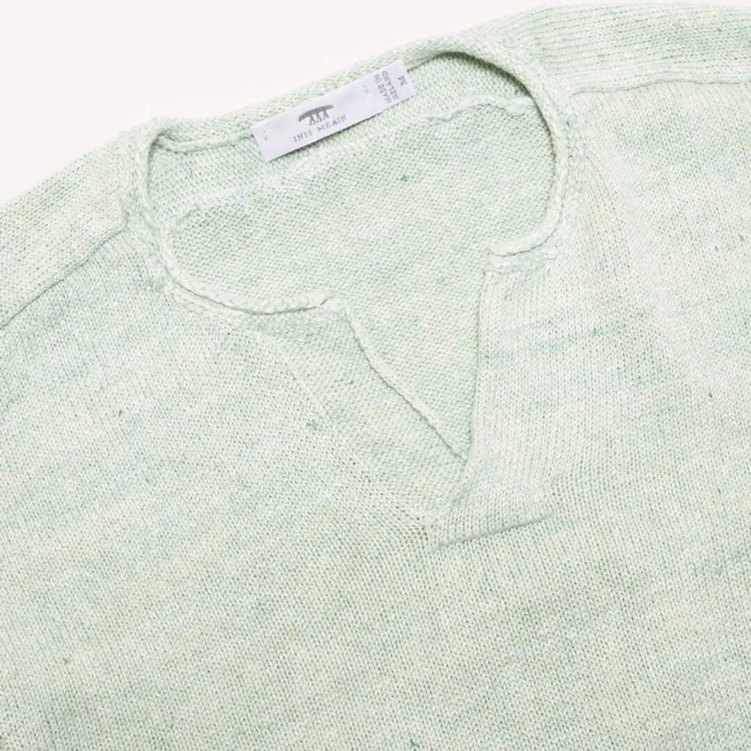 Inis Meain Deep Placket Polo Size M Knit Linen Mint Green Sweater