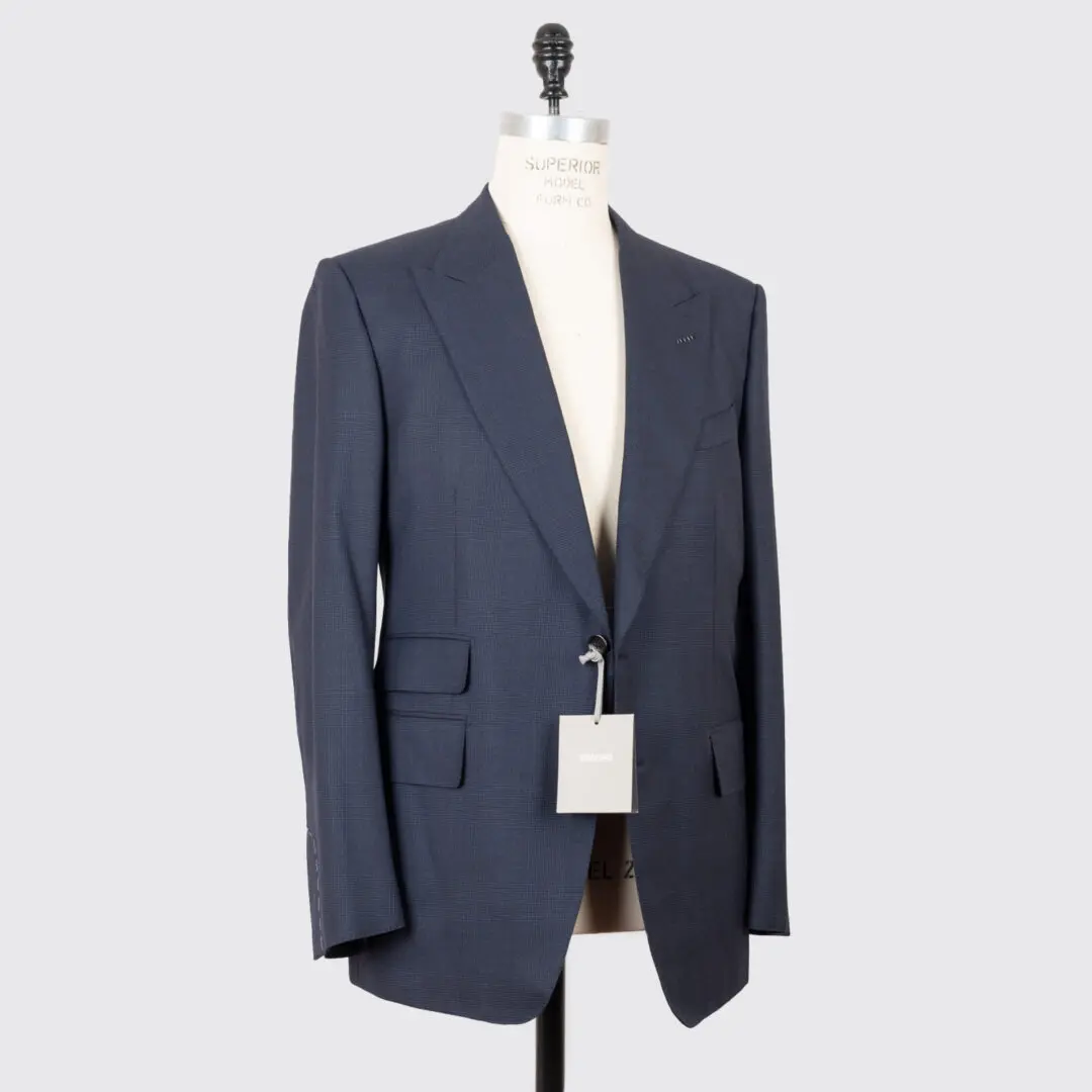 TOM FORD Shelton Suit Size EU56 Navy Blue Wool Plaid Peak Lapel