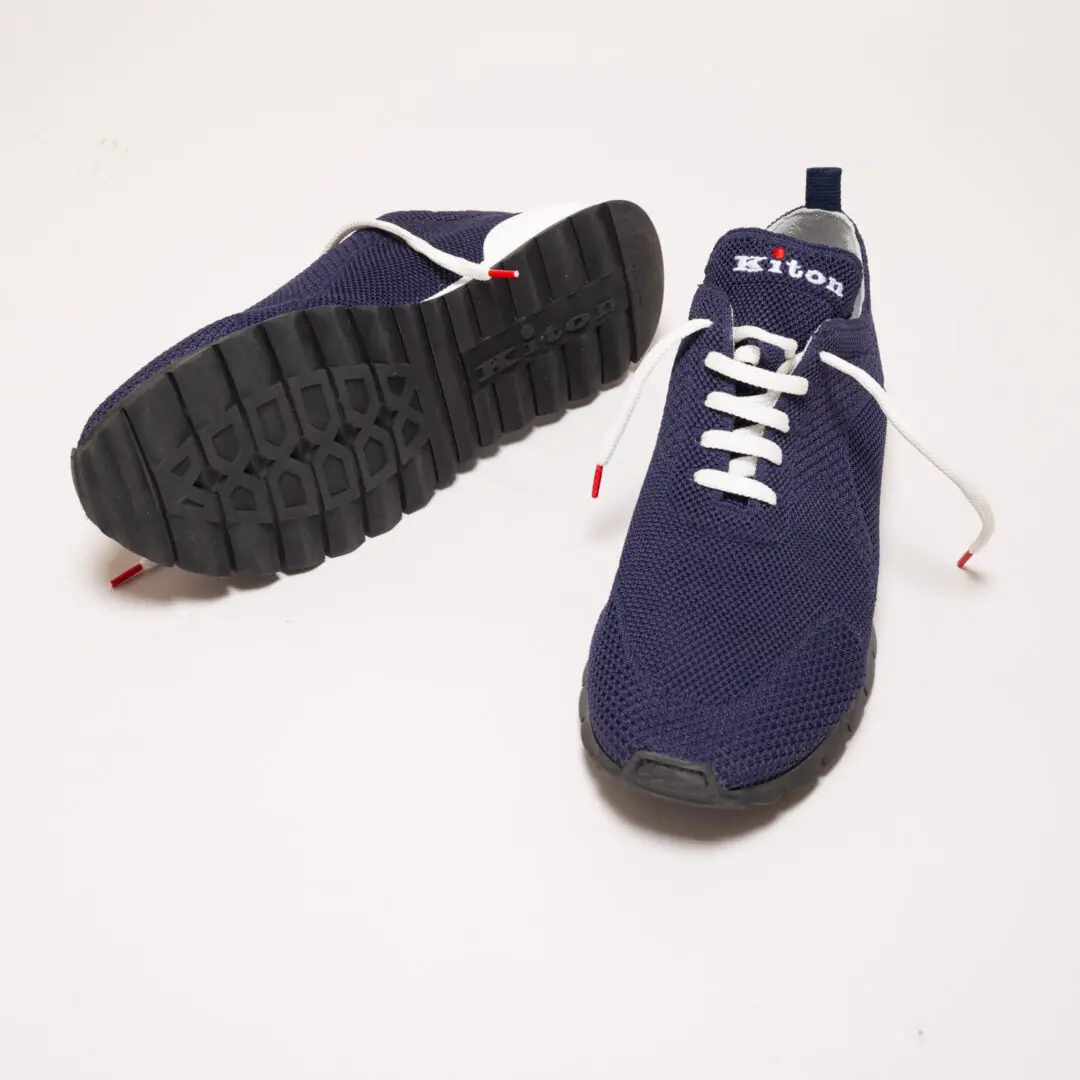 Kiton Sneakers Size UK9 Navy Blue Knit Laceup Made in Italy