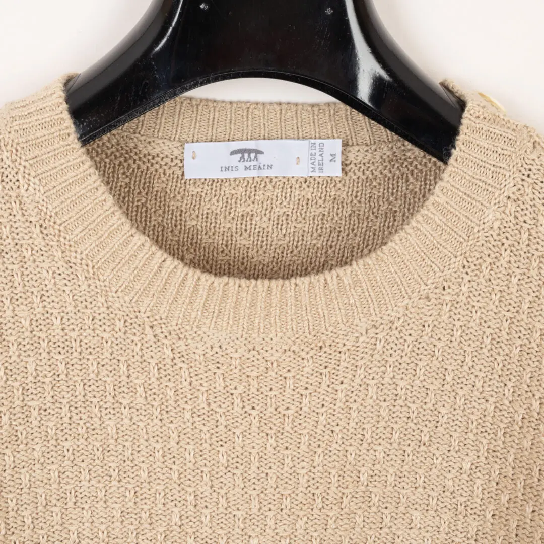 Inis Meain Shoulder Button Crewneck Size M Beige Linen Sweater