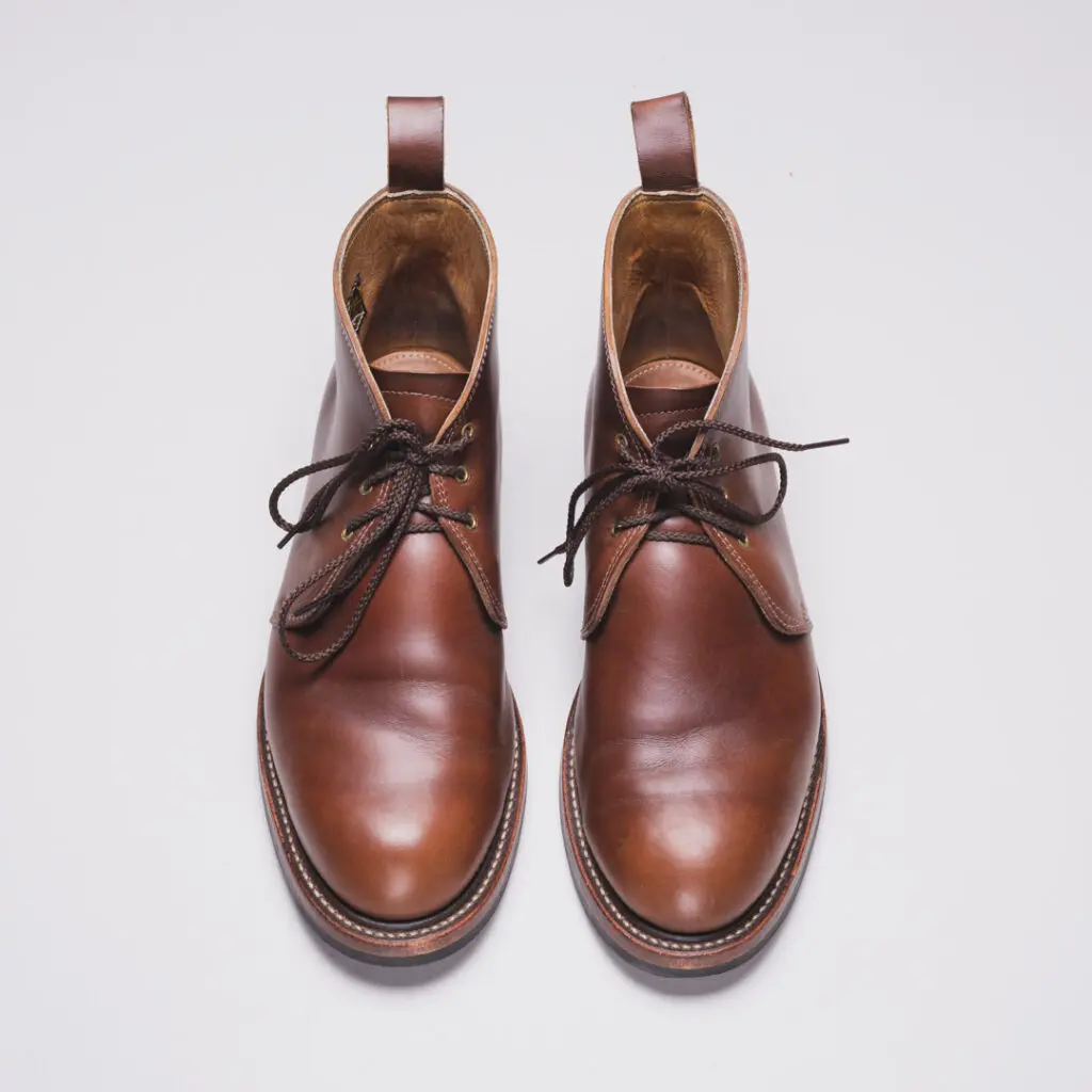 Role Club handmade boots, derby style, chukka, lace-up, plain toe, chromexcel leather upper, rubber sole, saddle brown color, solid pattern, made in the United States