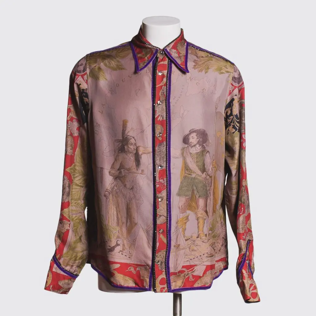 Tiziano Mazzilli handmade shirt crafted from genuine Hermes Paris fabrics, with rhinestones, purple velvet piping, 100% silk, button front style, multi color, long sleeve, New World motif print, regular fit, made in Italy