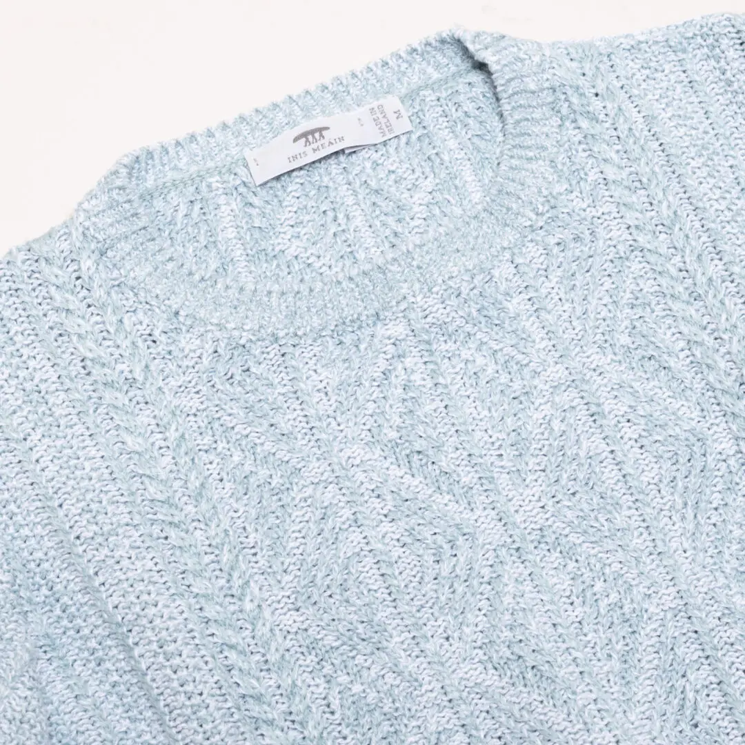 Inis Meain Linen Sweater Size M Baby Blue Cable Knit Crewneck