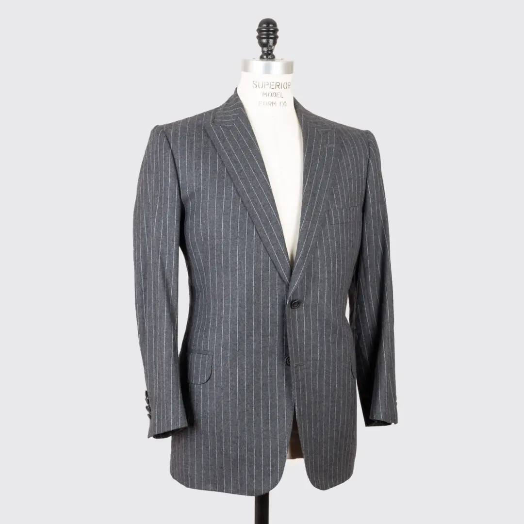 Leonard Logsdail Bespoke Suit US36 Gray Flannel Stripe Peak Lapel