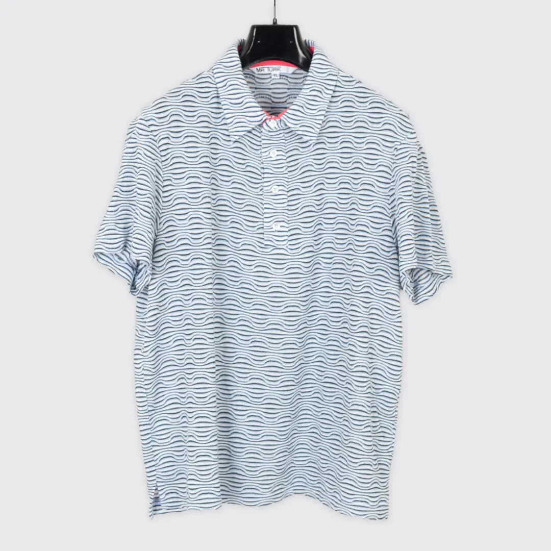 Mr. Turk Knit Polo Shirt XL Wavy Stripe Blue White Made in USA