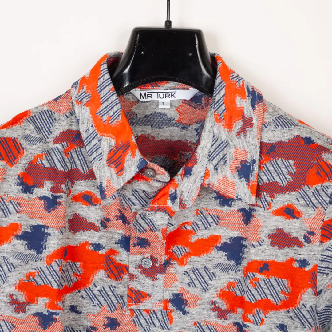 Mr. Turk Polo Shirt Size L Heather Gray with Red and Blue Print