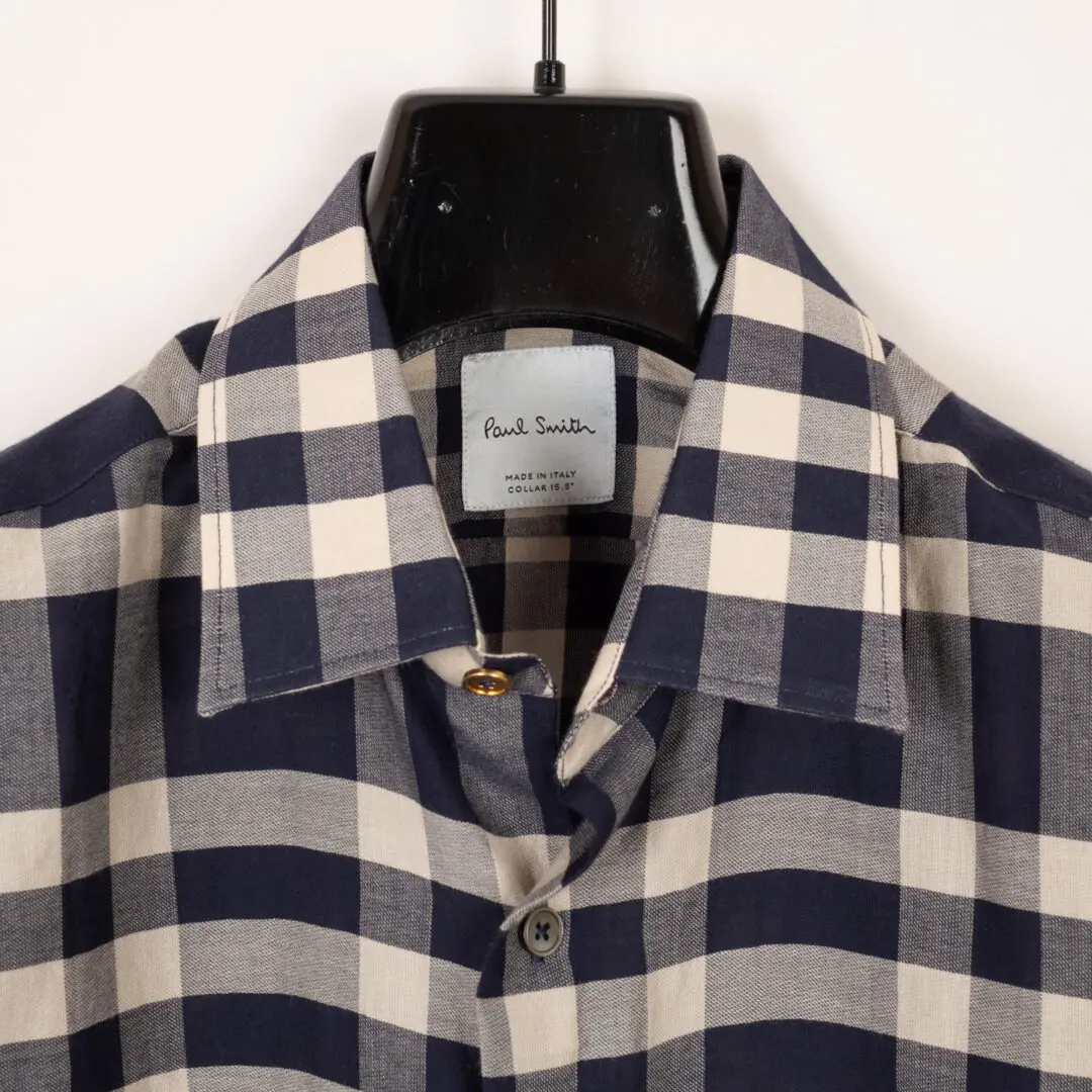 Paul Smith Shirt Size 15.5 Black Cream Plaid Lightweight Cotton