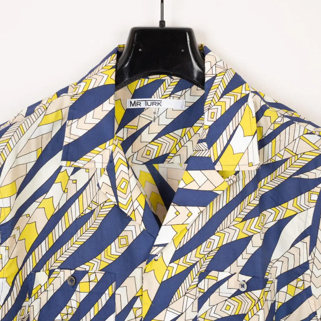 Mr. Turk Party Shirt XL Printed Navy Yellow Poplin Camp Collar